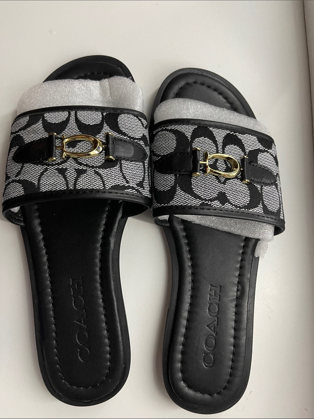Coach Black and White Signature Canvas Slide Sandals with Gold Hardware